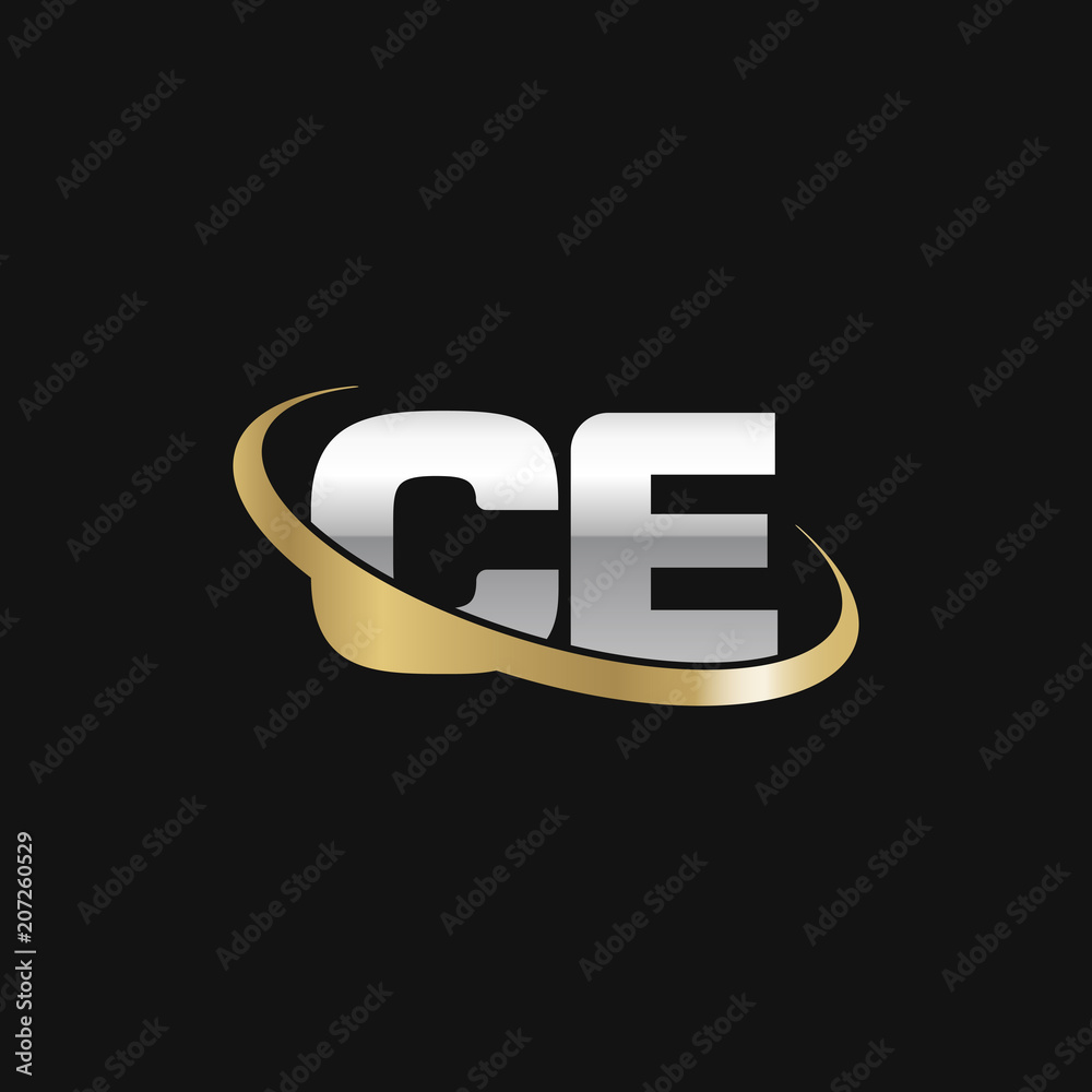 Initial letter CE, overlapping swoosh ring logo, silver gold color on black background Initial letter CE, overlapping swoosh ring logo, silver gold color on black background