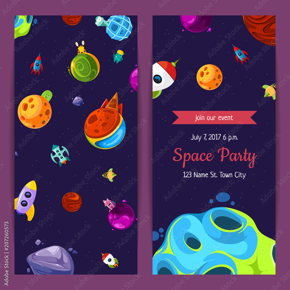 Fototapeta premium Vector party invitation with space elements, planets and ships