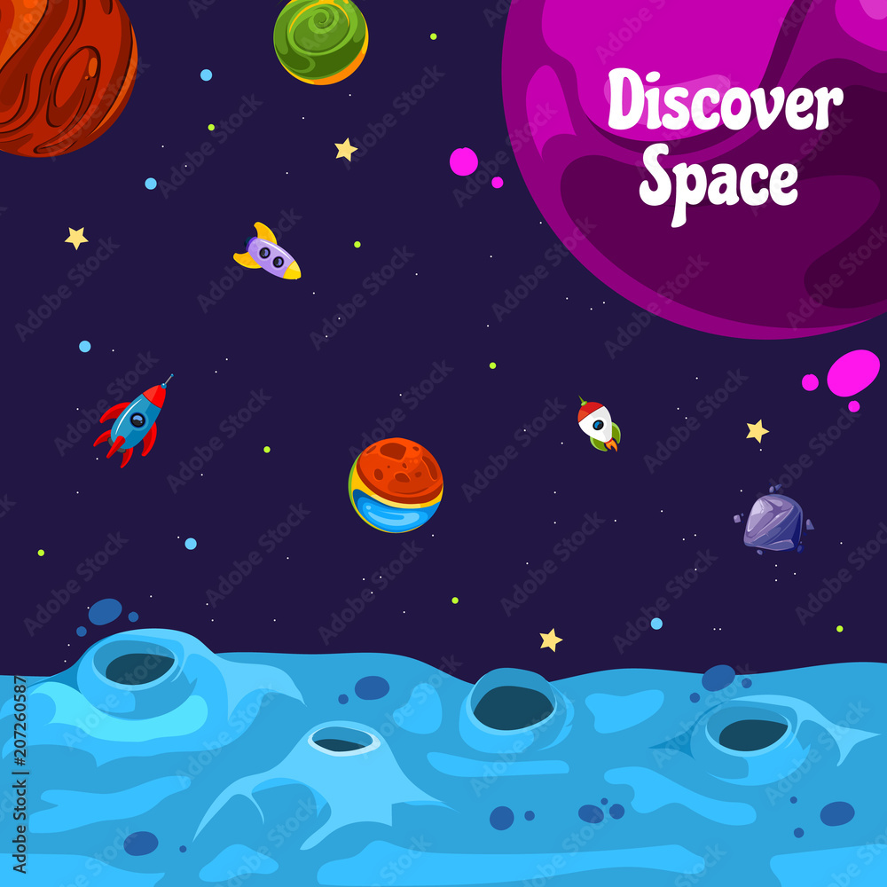 Vector background with place for text with cartoon space planets and ships