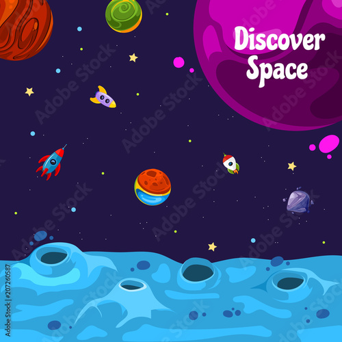 Vector background with place for text with cartoon space planets and ships © ONYXprj