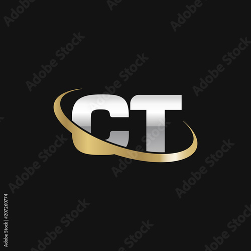 Initial letter CT, overlapping swoosh ring logo, silver gold color on black background