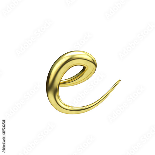 Letter E gold handwritten script font. 3D Rendering