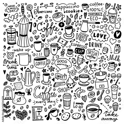 Coffee illustrations set. Hand drawn doodle collection with cups of coffee, coffee beans and desserts