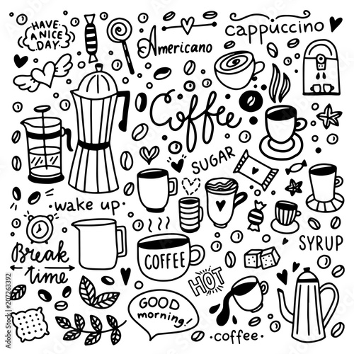 Hand drawn coffee icons. Cafe set with coffee cups and sweet desserts