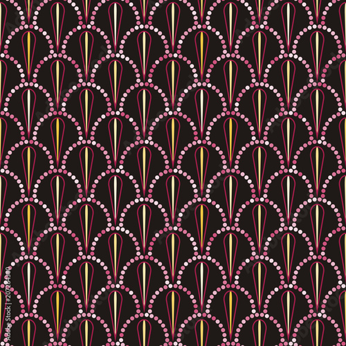 Vector abstract seamless wavy pattern with dotted geometrical fish scale layout with flowers