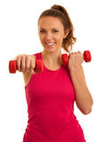Beautiful young active fit woman workout with dumbbells isolated over white background - fitness