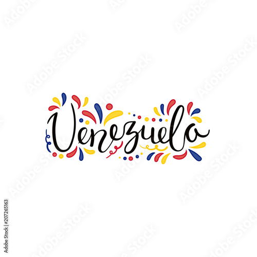 Hand written calligraphic lettering quote Venezuela with decorative elements in flag colors. Isolated objects on white background. Vector illustration. Design concept for independence day banner. photo