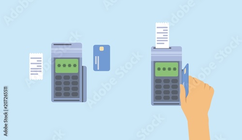 Payment terminal with plastic credit card in service. POS machine with card in customer's hand and customer receipt. Flat vector illustration. Isolated.