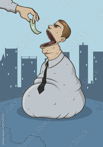 Sackman devouring money. Corruption and btibery caricature. Huge bag-shaped figure on urban background. Line vector illustration. Vertical.