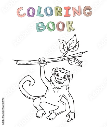 Monkey hanging on a branch. Funny jungle animal character. Contour vector illustration for coloring book. Cartoon style. Isolated.