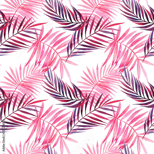 Watercolor seamless pattern with tropical violet and pink leaves.