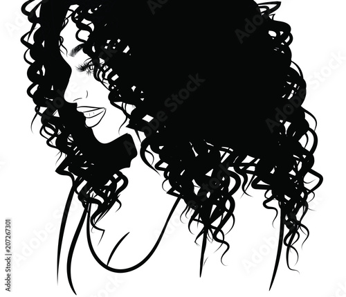 Hand-drawn black woman with curly luxurious hair and big sexy lips.Girl with perfectly shaped eyebrows and full lashes. Idea for business visit card, typography vector.Perfect salon look.