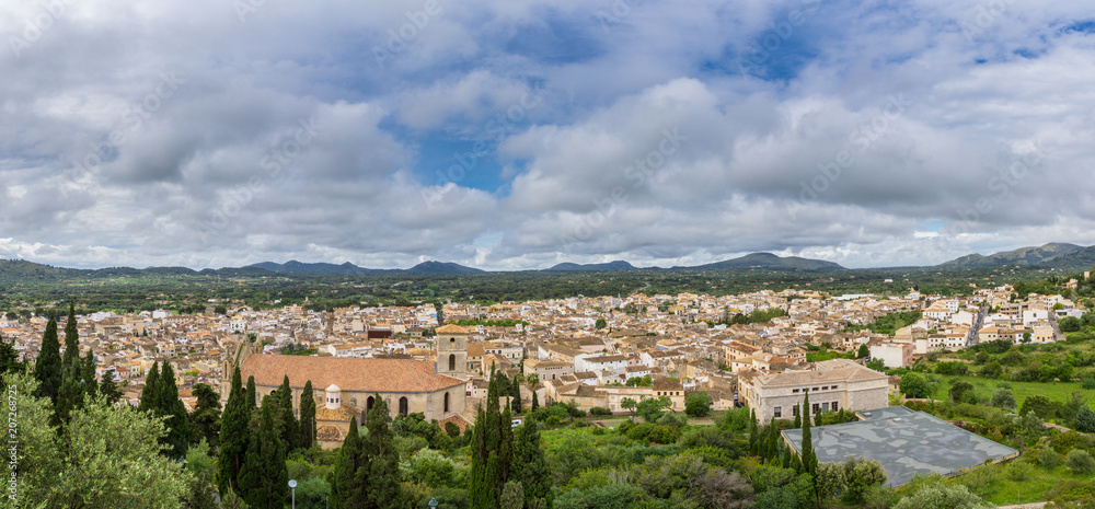 Mallorca, Old town of city Arta with many ancient buildings and cathedral from above XXL panorama