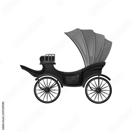 Black carriage with soft gray convertible top and big wheels. Flat vector icon of vintage vehicle. Antique wagon for passengers