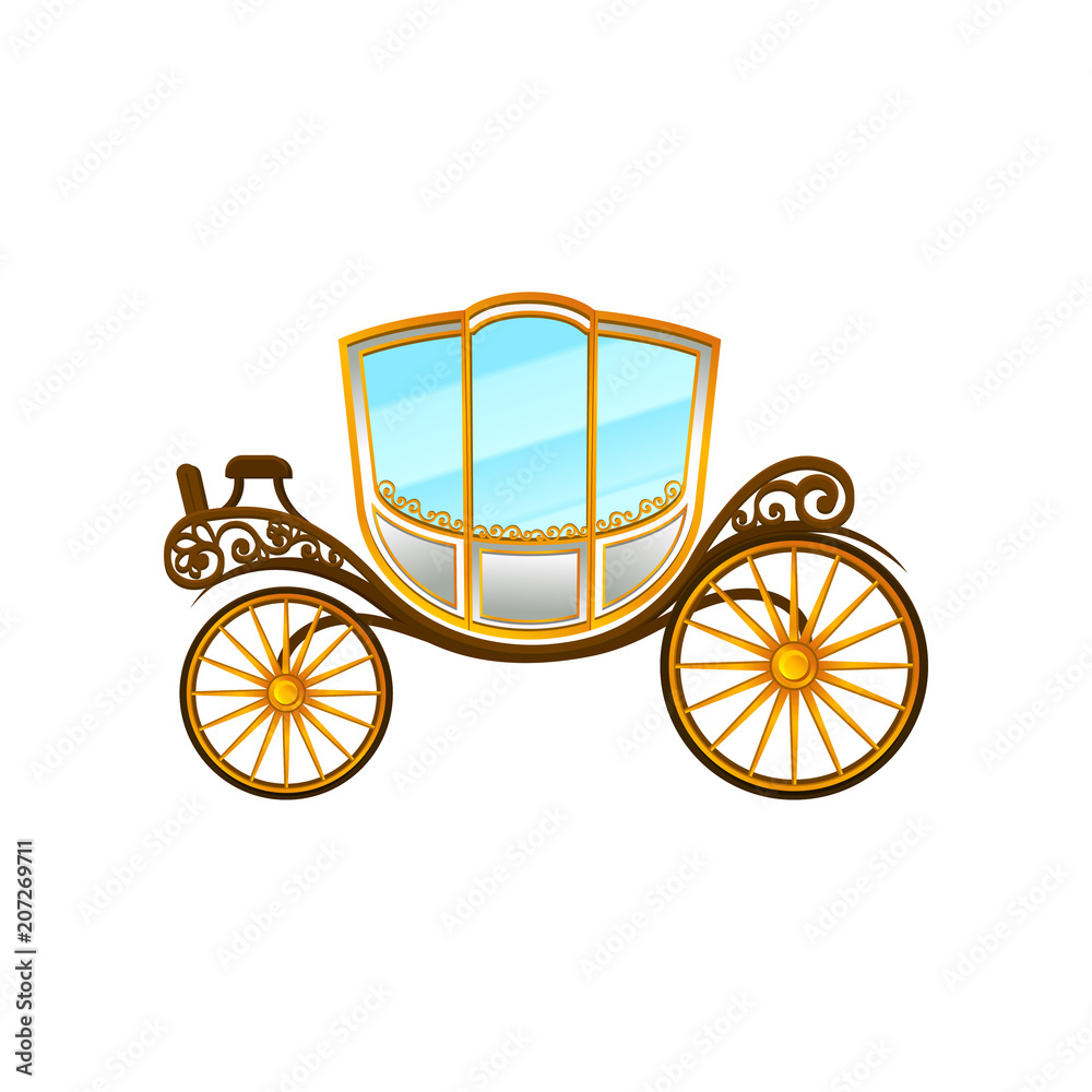 Royal horse-drawn carriage with big cab and wheels. Vintage passengers transport. Flat vector element for wedding invitation Royal horse-drawn carriage with big cab and wheels. Vintage passengers transport. Flat vector element for wedding invitation