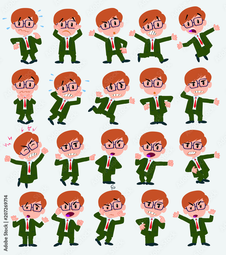 Fototapeta premium Cartoon character businessman with glasses. Set with different postures, attitudes and poses, always in negative attitude, doing different activities in vector vector illustrations.