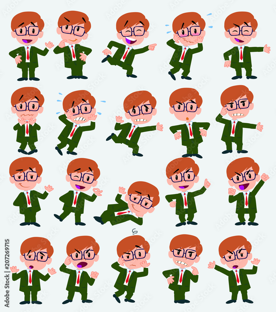 Cartoon character businessman with glasses. Set with different postures, attitudes and poses, doing different activities in isolated vector illustrations.