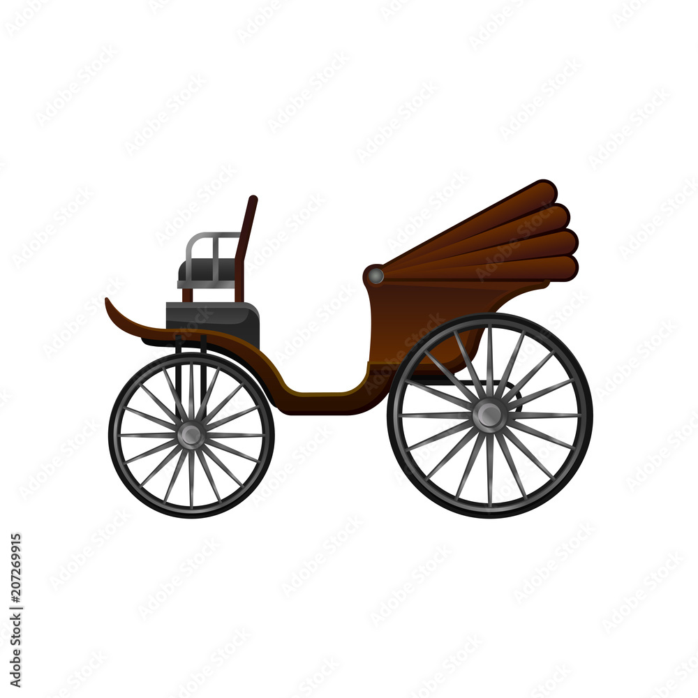 Flat vector icon of old horse-drawn carriage with brown convertible top and big wheels. Vintage wooden wagon for passengers