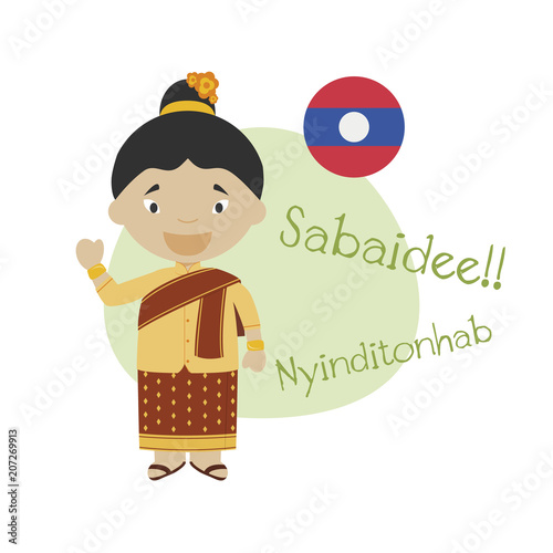 Vector illustration of cartoon character saying hello and welcome in Lao