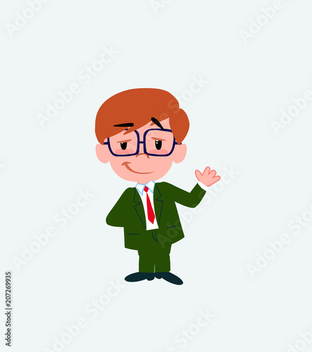Businessman with glasses waving with a dreamy expression.