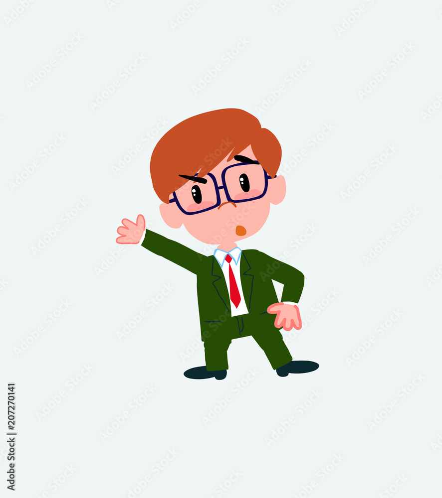 Businessman with glasses something angry shows something to his right. Businessman with glasses something angry shows something to his right.