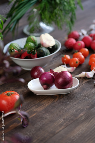 fresh vegetables on old rustic wooden table