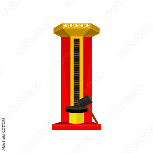 Strength tester or strongman game machine. High striker attraction with big hammer. Flat vector element for promo flyer or banner of amusement park