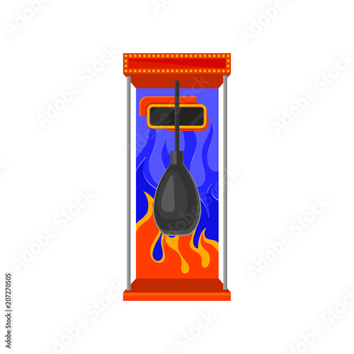 Game machine with boxing punching bag. Flat vector icon of classic carnival attraction. Amusement park equipment.