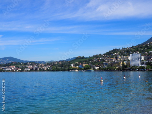 Wonderful view on Lake Geneva landscape and swiss promenade in european city of Montreux at alpine riviera, SWITZERLAND