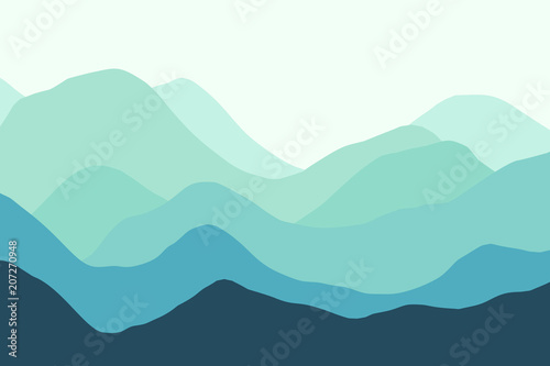 Scenic view of the digital foggy mountain landscape with layers