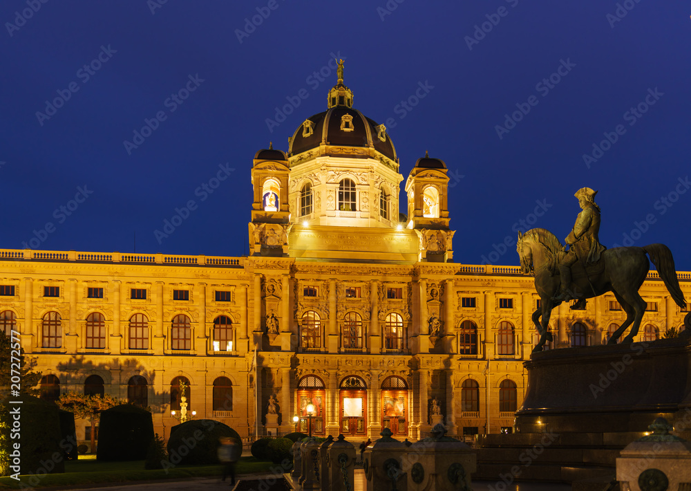 Facade of Kunsthistorisches Museum at night, Vienna, Austria