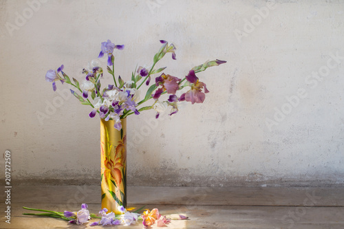 Fototapeta Naklejka Na Ścianę i Meble -  iris in vase on background old white wall