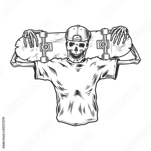 Vintage monochrome skeleton skateboarder