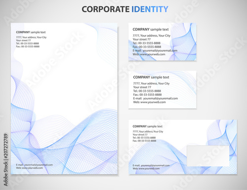 Business style template with Blue Guilloche pattern white abstract background, useful for presentation, business card, envelope or  documents. Vector design layout with fine lines