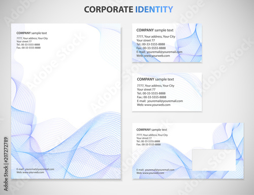 Business style template with Blue Guilloche pattern white abstract background, useful for presentation, business card, envelope or documents. Vector design layout with fine lines