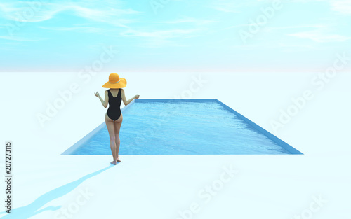 Woman in swimsuit and hat near pool.