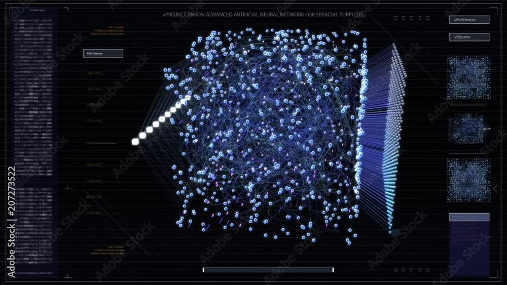 The Concept of: Dark Visualization of Neural Network Working in a Cube. Various Clusters of Connections Loading, Interchanging Stream of Information.