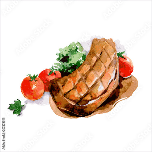 Grilled chop with tomatoes. Watercolor food illustration. Vector