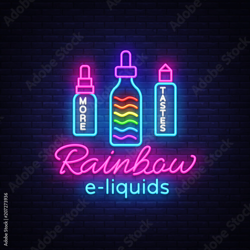 Vape Shop Logo Neon Vector. Rainbow e-liquids concept, Vape neon sign design template, light banner, night bright advertising for Vaping store, Trendy modern design. Vector Illustration