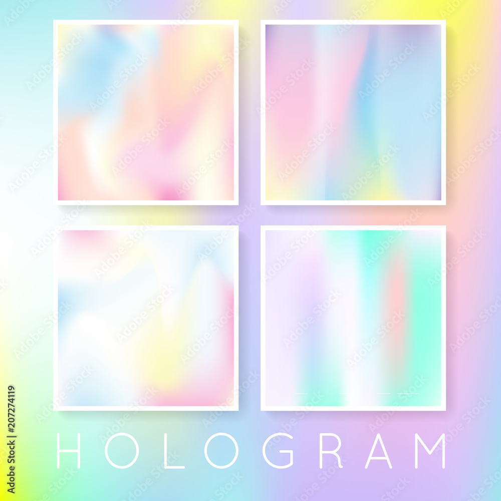 Gradient set with holographic mesh. Trendy abstract gradient set backdrops. 90s, 80s retro style. Pearlescent graphic template for banner, flyer, cover, mobile interface, web app.