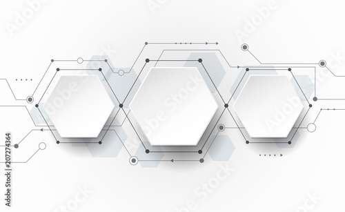 Vector Abstract futuristic circuit board on light gray background, hi-tech digital technology concept. Blank 3d paper polygon label with space for your content, business, network and web design