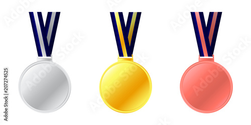 Medals icon. Elegant golden silver bronze labels collection set. Gold, silver and bronze medal icon. Award medals on white background.  Vector illustration EPS10. 