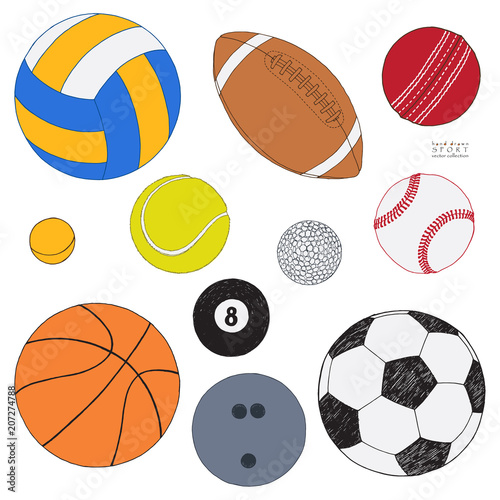 Vector set of sport balls. Hand drawn colored sketch. Isolated on white background. Sport collection