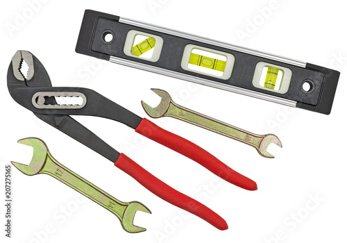 Schilderij op canvas Wrenches, spirit level and pliers on white