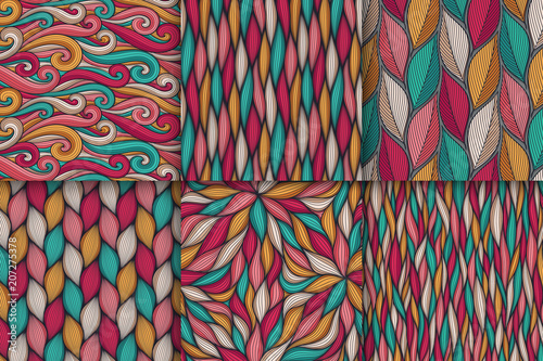 Abstract wavy lines seamless patterns set. Floral organic vector illustration. Bright colorful seamlessly tiling background collection.