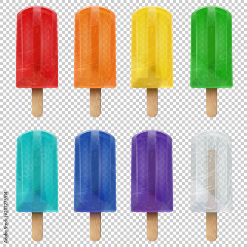 Collection of realistic isolated colorful rainbow fruit popsicle ice cream. Vector stock illustration