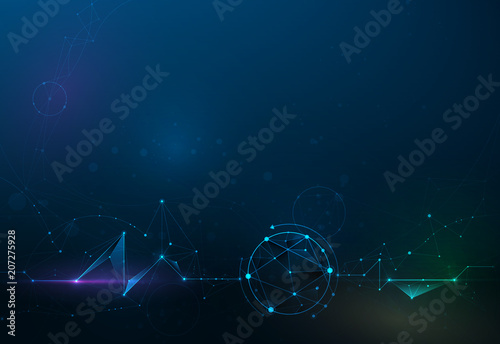Abstract Molecules with Circles, Lines, Geometric, Polygon, Triangle pattern. Vector design network communication technology on dark blue background. Futuristic- digital science technology concept