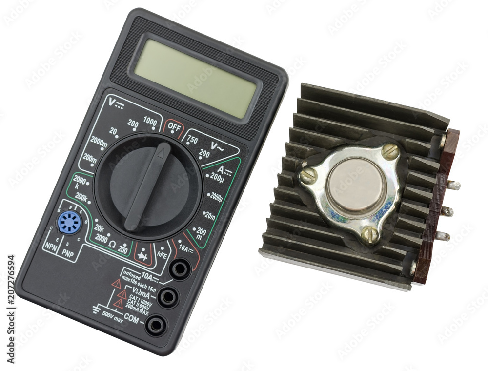 Black color digital multimeter and power transistor