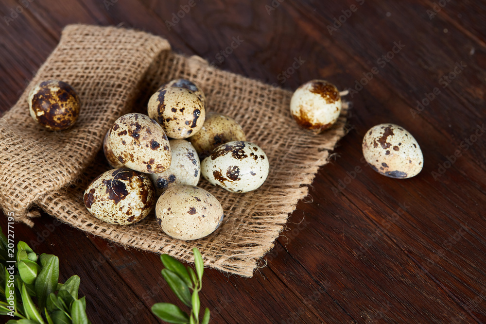 Quail eggs arranged in pyramid on a napkin with boxwood branches over a wooden table, close-up, selective focus. Quail eggs arranged in pyramid on a napkin with boxwood branches over a wooden table, close-up, selective focus.