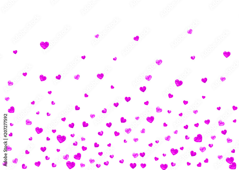 Bridal background with pink glitter hearts. Valentines day. Vector confetti. Hand drawn texture. Love theme for gift coupons, vouchers, ads, events. Bridal background template with heart.